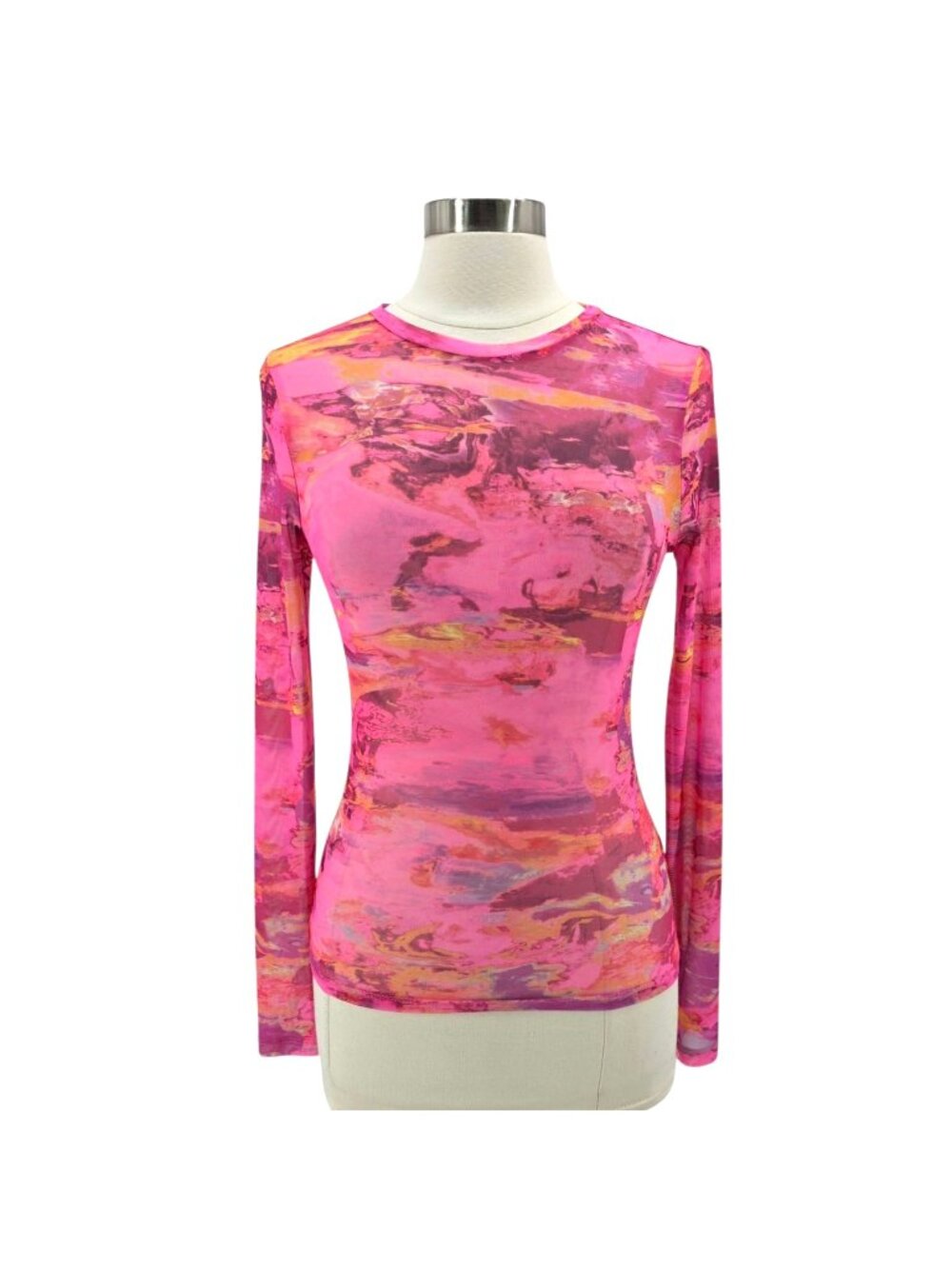 AFRM Log Angeles Womens Medium Top Kaylee Mesh Abstract Neon Pink Sheer Fitted